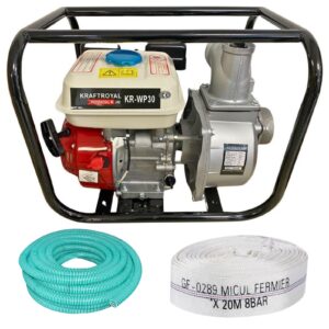 Motopompa 4 timpi/3 toli pe benzina + furtun absorbtie/refulare (6 – 20 metri) – ROYAL KRAFT Germania – 196 cc – 6,5CP (BK87741 + BK85016 + BK85056)