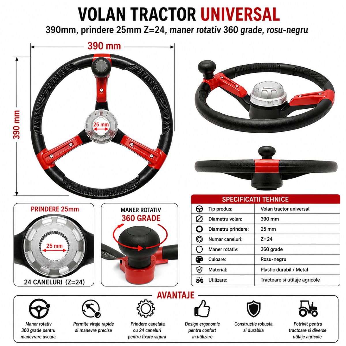 Volan tractor universal 390mm prindere 25mm Z=24 maner rotativ 360 grade - ROYAL KRAFT (Breckner) Germania - DISWG22 - imagine 2