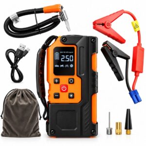 Robot pornire auto cu compresor aer portabil digital 150PSI, 12V, 120W, baterie Li-ion 8000mAh, lanterna LED, port USB/USB-C – ROYAL KRAFT Germania – BK00439