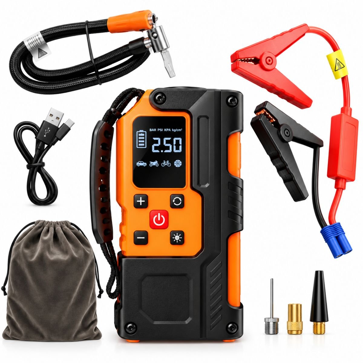 Robot pornire auto cu compresor aer portabil digital 150PSI, 12V, 120W, baterie Li-ion 8000mAh, lanterna LED, port USB/USB-C - ROYAL KRAFT Germania - BK00439
