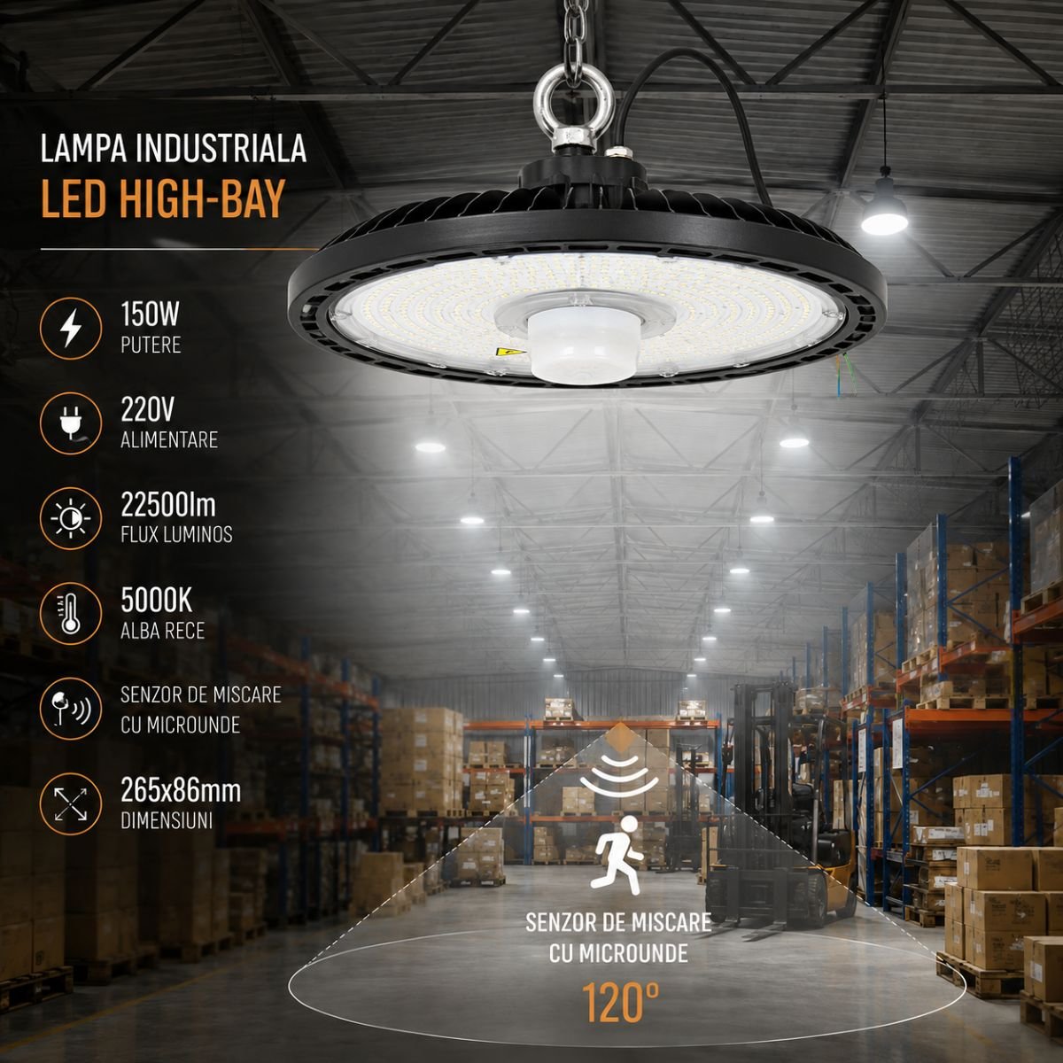 Lampa LED industriala High-Bay 150W 5000K 22500lm senzor de miscare cu microunde pentru hale depozite - ROYAL KRAFT (Breckner) Germania - AAA633 - imagine 2