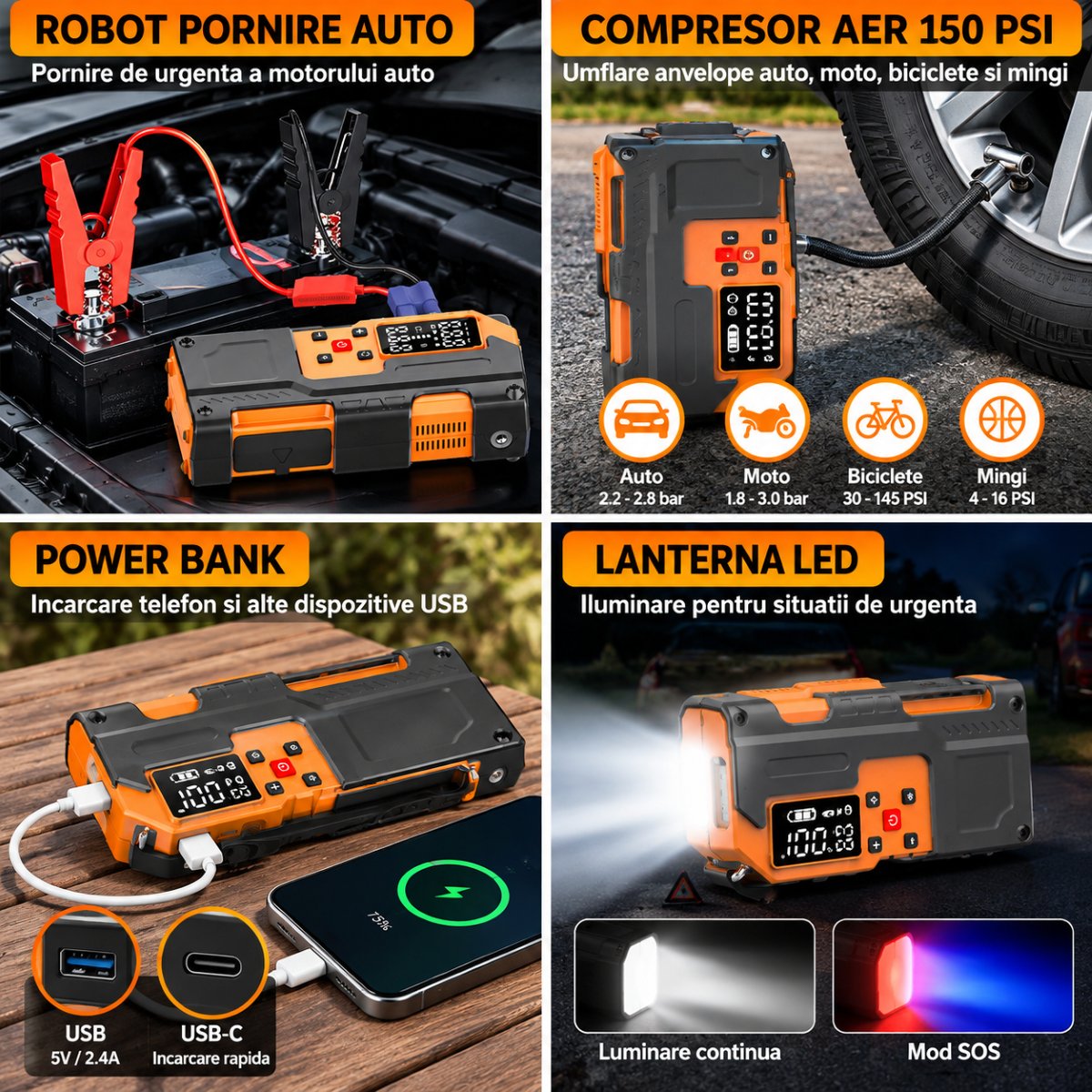 Robot pornire auto cu compresor aer portabil digital 150PSI, 12V, 120W, baterie Li-ion 8000mAh, lanterna LED, port USB/USB-C - ROYAL KRAFT Germania - BK00439 - imagine 2