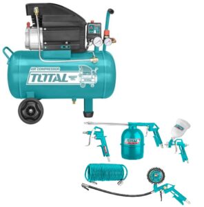 Set – Compresor Aer – 50 Litri – 1100W/1.5CP (Bobinaj Cupru) – TOTAL (Industrial) + 5 Accesorii CADOU (TC255061E + TATK053)
