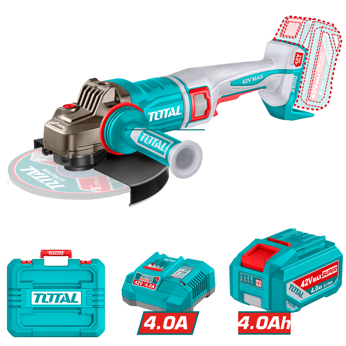 Flex/Polizor Unghiular cu 2 Acumulatori (2600W) 230mm – 42V/4Ah – TOTAL (Industrial/Brushless) – TAGLI4260182
